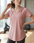 Women's Loose Fit Hooded Quick-Dry Sports T-Shirt - Short Sleeve Active Top