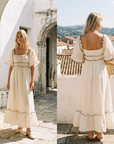Women's Solid Color A-Line Mid-Length Dress – High Waist Lotus Leaf Sleeve U-Neck