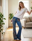 Women's Embroidered Flared Denim Jeans – Mid-Waist Micro-Flare