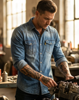 Men's Slim Fit Denim Workwear Shirt - Long Sleeve Button-Up