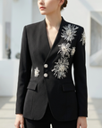 Women's V-Neck Rhinestone Blazer – Long Sleeve Embellished Jacket