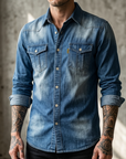 Men's Slim Fit Denim Workwear Shirt - Long Sleeve Button-Up
