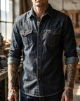 Men's Slim Fit Denim Workwear Shirt - Long Sleeve Button-Up