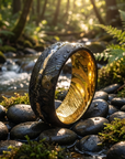 Men's Two-Tone Damascus Steel Ring – Tungsten Band with Gold Foil Meteorite Inlay Minimalist Wedding Ring