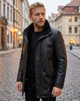 Herren Lammfellgefütterte Echtlederjacke – Wildleder-Mid-Length-Jacke mit Reißverschluss und Reverskragen