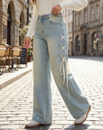 Women's High-Waist Wide-Leg Jeans with Side Ribbon – Embroidered Loose Fit Denim Pants