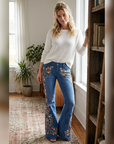 Women's Embroidered Flared Denim Jeans – Mid-Waist Micro-Flare