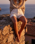 Damenweiße Stretch-Denim-Shorts – Vier-Wege-Stretch Schlankmachende High-Rise Chenille Sommershorts