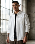 Men's Long Sleeve Cotton Blend Shirt - Loose Fit Retro Casual Lapel Top