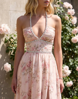 Women's Printed Chiffon Maxi Dress – V-Neck Sleeveless Swing Dress