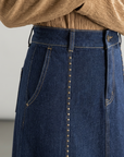 Women's Denim Blend A-Line Midi Skirt – High-Waisted Fade-Resistant