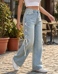Women's High-Waist Wide-Leg Jeans with Side Ribbon – Embroidered Loose Fit Denim Pants