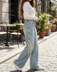 Women's High-Waist Wide-Leg Jeans with Side Ribbon – Embroidered Loose Fit Denim Pants