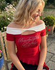 Damen Retro schulterfreies Schleifen-T-Shirt mit schmaler Passform – Einreihiger Kragen, besticktes, kurzärmliges Sommer-Crop-Top