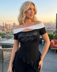 Damen Retro schulterfreies Schleifen-T-Shirt mit schmaler Passform – Einreihiger Kragen, besticktes, kurzärmliges Sommer-Crop-Top