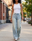 Women's High-Waist Wide-Leg Jeans with Side Ribbon – Embroidered Loose Fit Denim Pants