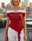 Damen Retro schulterfreies Schleifen-T-Shirt mit schmaler Passform – Einreihiger Kragen, besticktes, kurzärmliges Sommer-Crop-Top