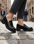 Women's Full Leather Chunky Heel Slip-On Loafers – Cowhide Block Heel