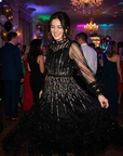Damen besticktes Pailletten-Mesh-Kleid – Langarm, hochtaillierter Rüschen-Stufenrock