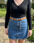 Damen-Jeans-Minirock mit hoher Taille – ausgestellter Minirock aus Baumwolle mit Blumenmuster, lässig