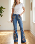 Women's Embroidered Flared Denim Jeans – Mid-Waist Micro-Flare