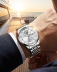Automatische wasserdichte leuchtende Herren-Armbanduhr – ultradünne 40,5 mm Edelstahl Business Analog Armbanduhr mit 24-Stunden-Anzeige