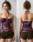 Women's Maillard Retro Beaded Halter Top – Mesh Irregular Hem Crop Top with Ethnic Bead Straps