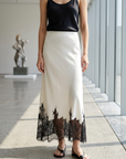 Damen-Rock mit Spitzen-Patchwork, A-Linie – Eleganter Triacetat-Midirock in schrägem Schnitt fürs Büro