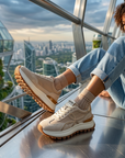Women's Leather Platform Sneakers – Cross-Strap Thick Sole, 3-5cm Heel