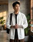 Men's Long Sleeve Cotton Blend Shirt - Loose Fit Retro Casual Lapel Top