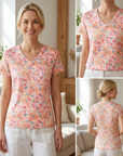 Damenbluse aus 100 % Maulbeerseide mit Blumenmuster – Kurzärmeliges Oberteil mit V-Ausschnitt, schmaler Passform, künstlerischem Druck und elegantem Sommer-Stil