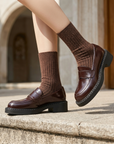 Women's Full Leather Chunky Heel Slip-On Loafers – Cowhide Block Heel
