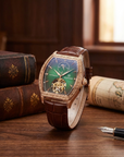 Men's Automatic Mechanical Wrist Watch – Barrel Case, Luminous Dial, Genuine Leather Strap, 42mm
