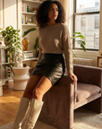 Women's Elegant PU Leather A-Line Mini Skirt – High Waist Slim Fit Short Skirt with Smooth Finish & Chic Commuter Style