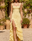 Women's Backless Sling Maxi Dress – Lace Ruffle Irregular Hem Bodycon