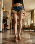 Women's Retro Low-Rise Denim Shorts with Fur Patchwork
