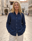 Women's 100% Linen Shirt – Long Sleeve Polo Collar Button-Down