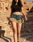 Women's Retro Low-Rise Denim Shorts with Fur Patchwork