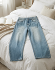 Men's Korean Style Loose Straight-Leg Jeans | Washed Blue Denim