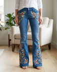 Women's Embroidered Flared Denim Jeans – Mid-Waist Micro-Flare