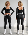 Women's Color Block Yoga Set – Long Sleeve Top & Cropped Leggings, 92% Nylon