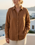 Women's 100% Linen Shirt – Long Sleeve Polo Collar Button-Down