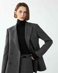 Women's Gray Double-Breasted Suit Jacket – Retro Tailored Office Blazer, Medium Length