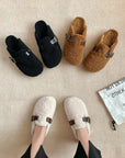 Women's Wool-Lined Genuine Leather Mule Slippers – Retro Thick-Sole Backless Slip-Ons