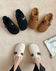 Women's Wool-Lined Genuine Leather Mule Slippers – Retro Thick-Sole Backless Slip-Ons