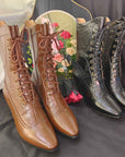 Women’s Genuine Sheepskin Mid-Calf Boots – Vintage Lace-Up with Carved Special-Shaped Heel