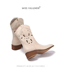 Cowboy-Stiefel für Damen mit Lochmuster – Western-Mid-Calf-Stiefel aus echtem Leder mit Stickerei, Blockabsatz und atmungsaktivem Cut-Out-Design