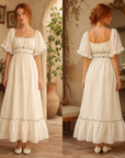 Women's Solid Color A-Line Mid-Length Dress – High Waist Lotus Leaf Sleeve U-Neck