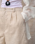 Damen-Shorts aus 100 % Leinen mit hoher Taille – atmungsaktive Casual-Shorts mit elastischem Bund und Taschen