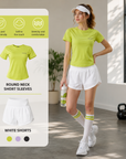 A woman in a bright lime green athletic t-shirt and white athletic shorts stands in a gym setting, holding a water bottle. An informational graphic overlay on the left shows the shirt, white shorts, and color options.